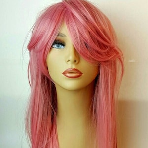 Long Pink Wig, Long Pink Wig with Long Sweeping Bangs, Long Pink Wig, Pink Wig, Wigs, Mermaid