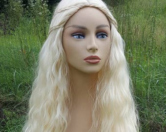 Daeneys Targaryen, Games of Thrones, Halloween Wig, Blonde Long Wavy Wig, Queen Daeneys Targaryen, Braided, Blonde Braided Wig
