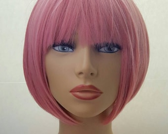 Pink Bob, Short Pink Bob Wig, Chin Length Bob, Bob with Bangs, Pink Bob with Bangs