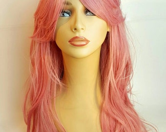 Long Pink Wig, Long Wavy Pink Wig, Long wavy hairstyle with side swept bangs, Soft pink hair wig,Pink, Wigs