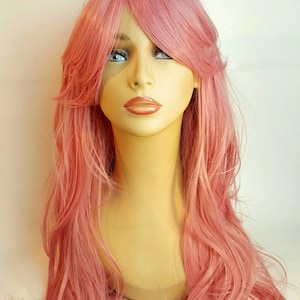 Long Pink Wig, Long Wavy Pink Wig, Long wavy hairstyle with side swept bangs, Soft pink hair wig,Pink, Wigs