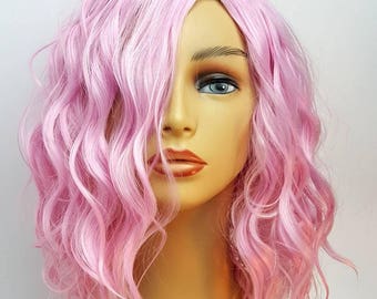 Pink Wavy Wig, Wavy Light Pink Wig, Pink Wig, Shoulder Length Wavy Pink Wig, Wigs, Side Part, Pink Wavy Bob