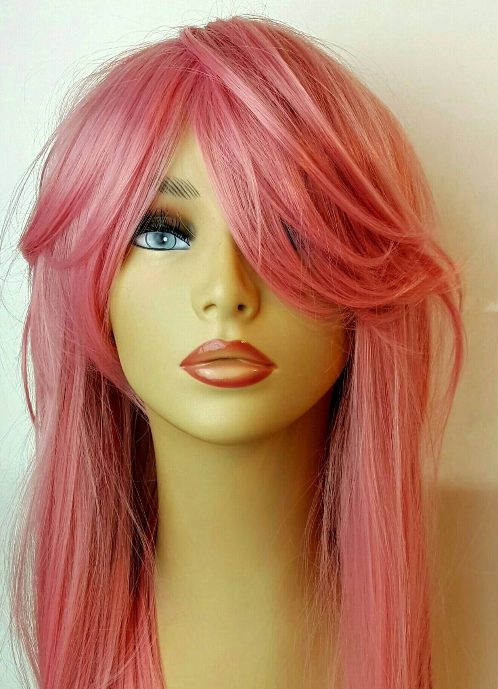 Long Pink Wig Long Pink Wig With Long Sweeping Bangs Long Etsy