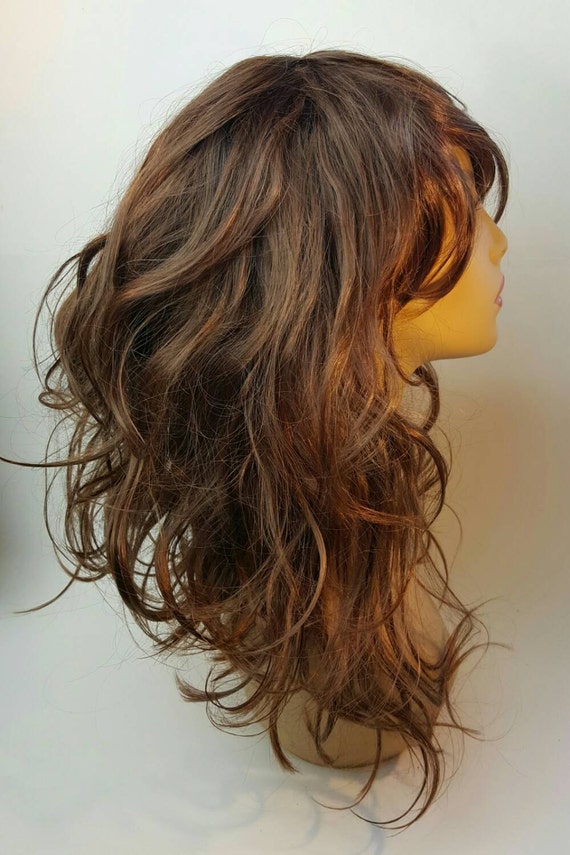 Mid length Wavy A line Brunette Wig Brunette A line Bob With Sweeping Bangs Layered Inverted Bob Brunette Bob Brunette Wig Bob Bangs Etsy