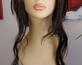 Long Wavy Brunette Wig, Face Framing Layers, Center Part
