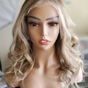 Balayage Askblond Äkta Hår Peruk, 13x4 Lace Frontal, Lösa Vågor bild 2
