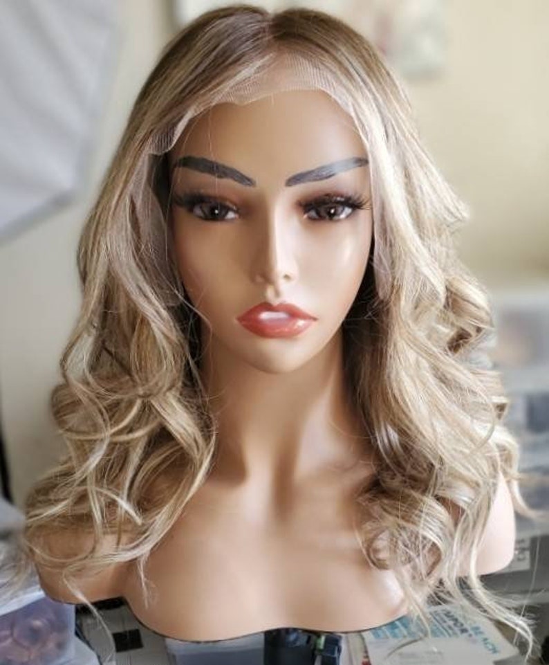 Balayage Askblond Äkta Hår Peruk, 13x4 Lace Frontal, Lösa Vågor bild 2