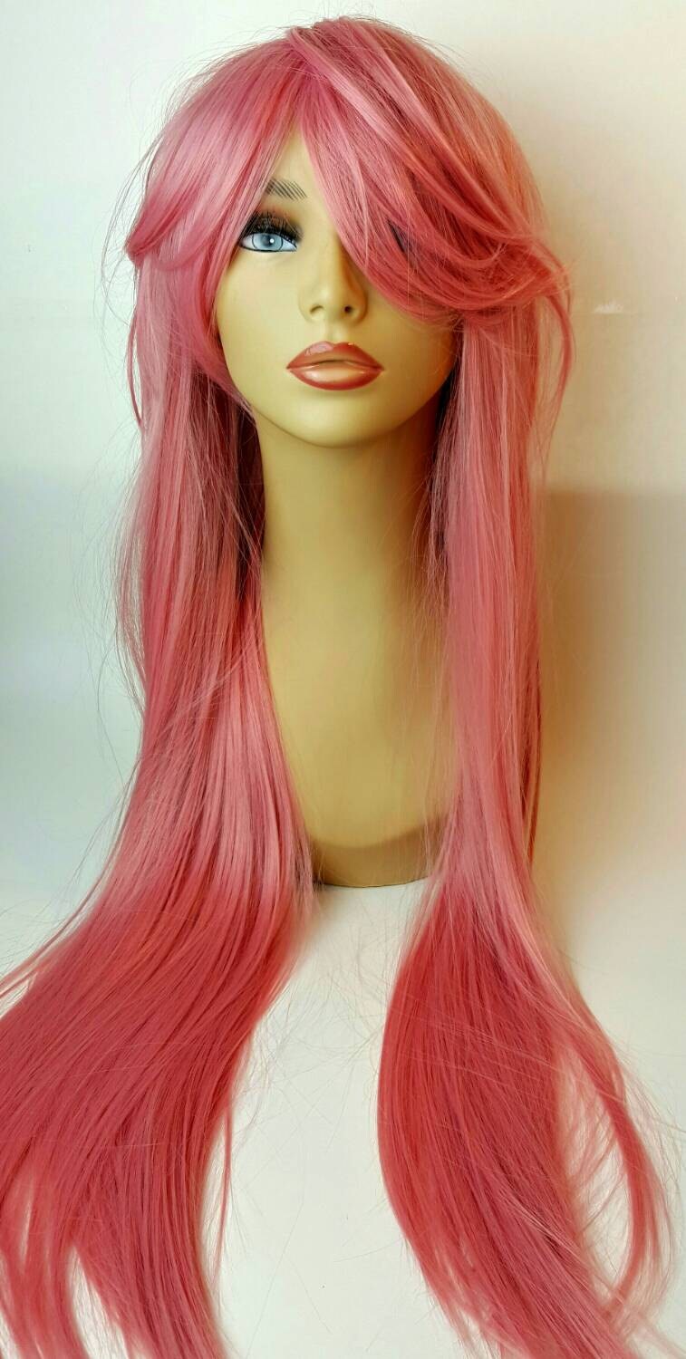 Long Pink Wig with Long Sweeping Bangs Long Pink Wig Pink Etsy