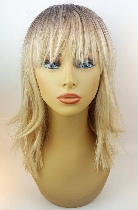 Mid Length Blonde Bob With Bangs Blonde Ombre Wig Blonde Bob Wig With Darker Roots Blonde Mid Length Wig Blonde Layered Wig Bangs