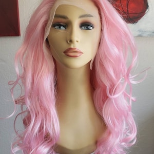 Pink Lace Front Mid-Length Wavy Wig, Lace Front Pink Wig with Soft Layers, Pink Lace Front Wig, Medium Length Wavy Lace Front Pink Wig, Wigs
