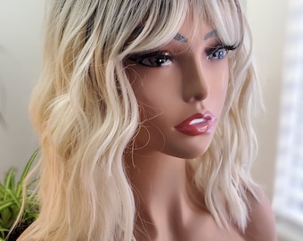 Rooted Blonde Wavy Bob Wig, Shoulder Length