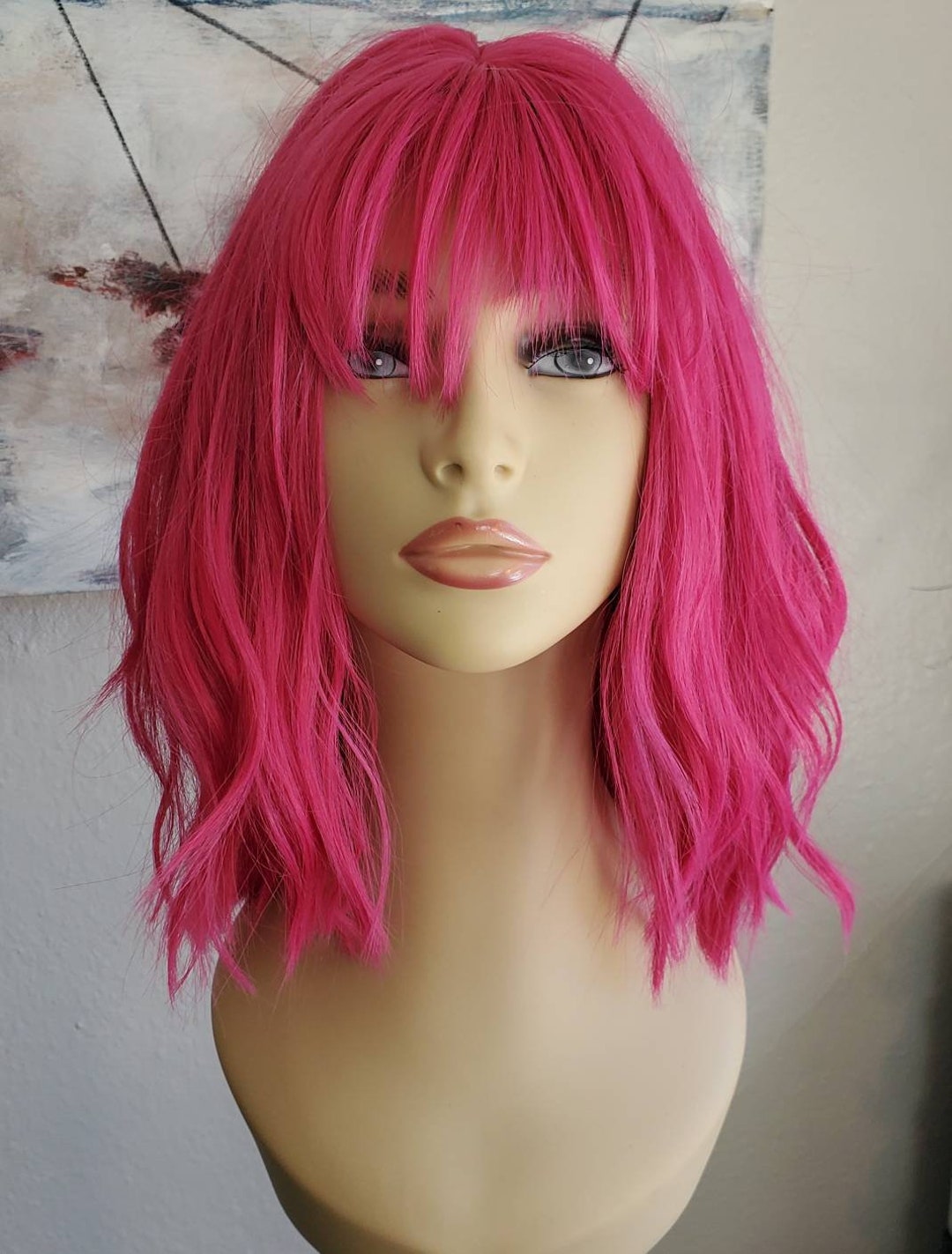 Hot Pink Mid-length Bob Wig With Textured Layers and Choppy