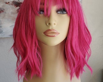 Hot Pink Bob Wig, Textured Layers, Choppy Bangs