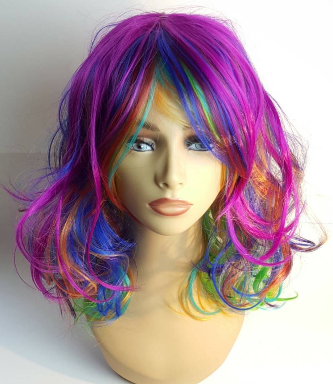 Rainbow Wig, Midlength Rainbow Wig, Rainbow Bob Wig, Wavy Rainbow Wig
