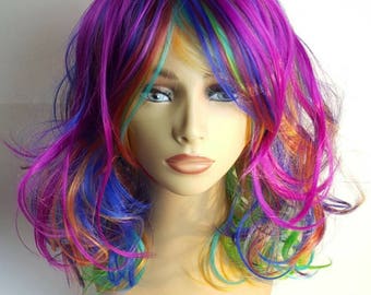 Rainbow Wig, Mid-Length Rainbow Wig, Rainbow Bob Wig, Wavy Rainbow Wig, Wavy Mid-Length Rainbow Bob Wig,