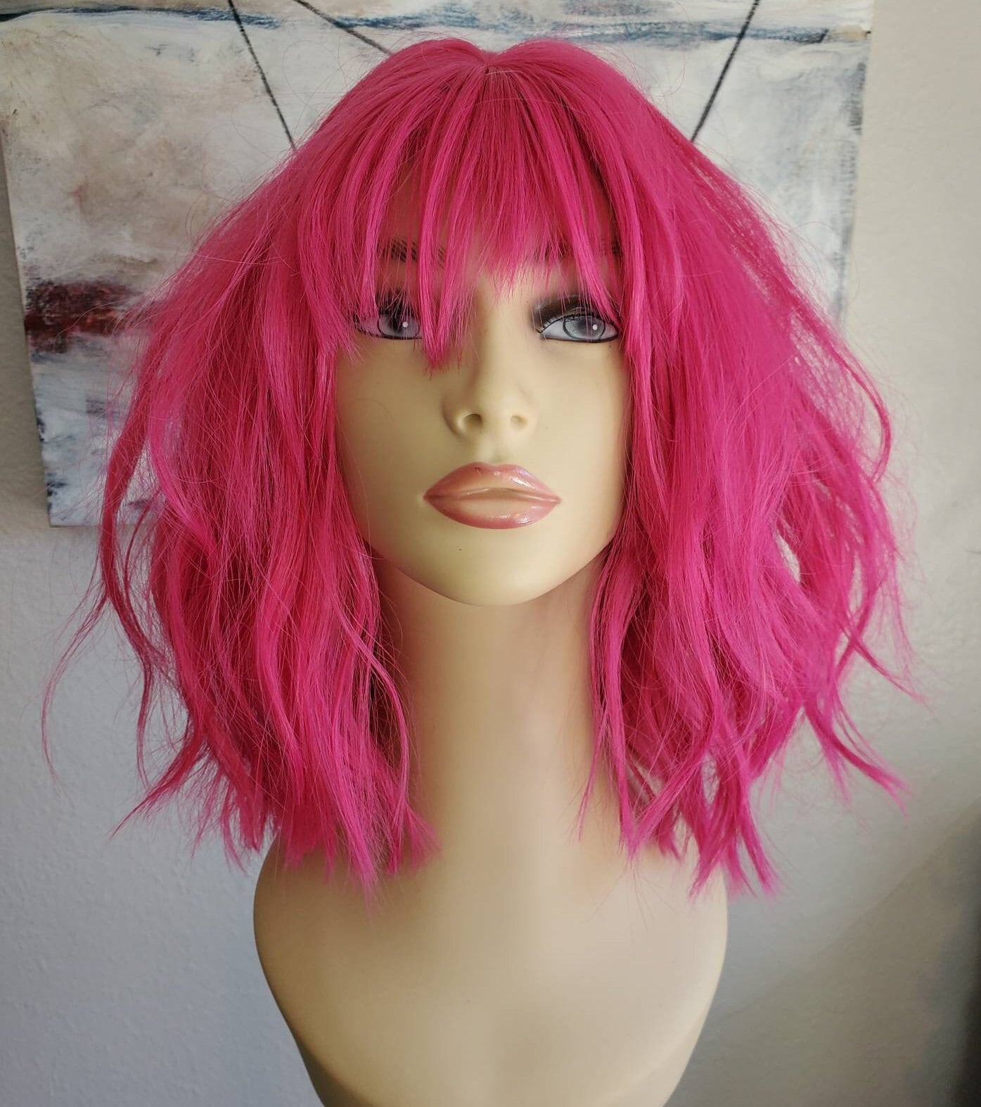 Glow in the Dark Pink Bob Wig with Bangs 6 X BRIGHT PINK BOB WIG WITH FRINGE HEN PARTY PACK FANCY  main image 2