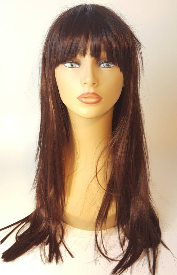 Long Straight Brunette Wig With U Shaped Bangs Long Brunette Etsy