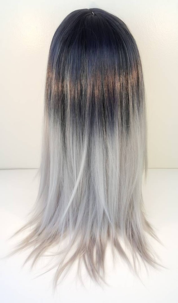 Black And Grey Ombre Long Straight Wig With Bangs Long Black And Silver Wig Black And Grey Ombre Wig With Bangs Long Layers