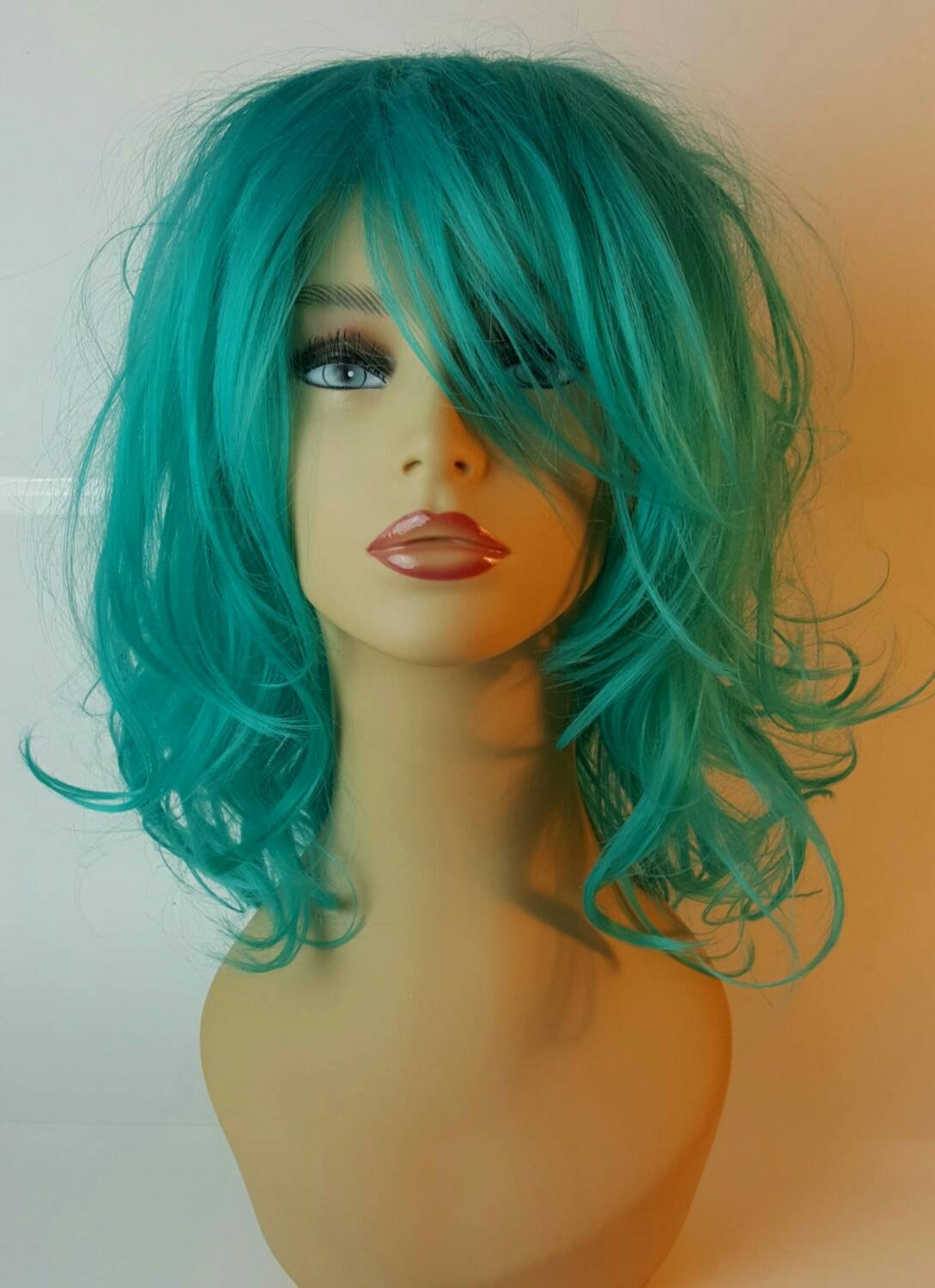 Mid length Wavy Blue Teal Wig Mid length Blue Wig Blue Wig Mid