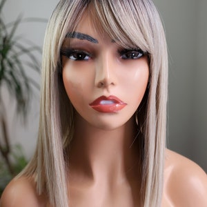 Straight Ash Blonde Shoulder Length Bob with Bangs, Mid-Length Straight Rooted Blonde Bob, Ash Blonde Bob Wig, Rooted Blonde Wig, Blonde Wig