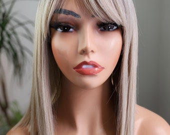 Ash Blonde Rooted Bob Wig with Bangs, Shoulder Length
