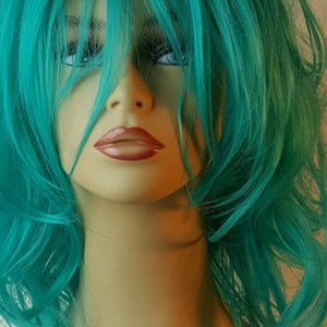 Mid-Length Wavy Blue Teal Wig, Mid-Length Blue Wig, Blue Wig, Mid-Length Wavy Touquoise Wig, Stacked, Teal Wig, Costume, Cosplay, Wigs