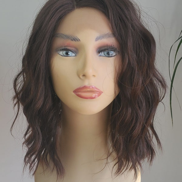Shoulder Length Brown Wavy Bob. Lace Front Brown Wig with Part Options, Mid-Length Brown Wavy Lace Front Wig, Layers