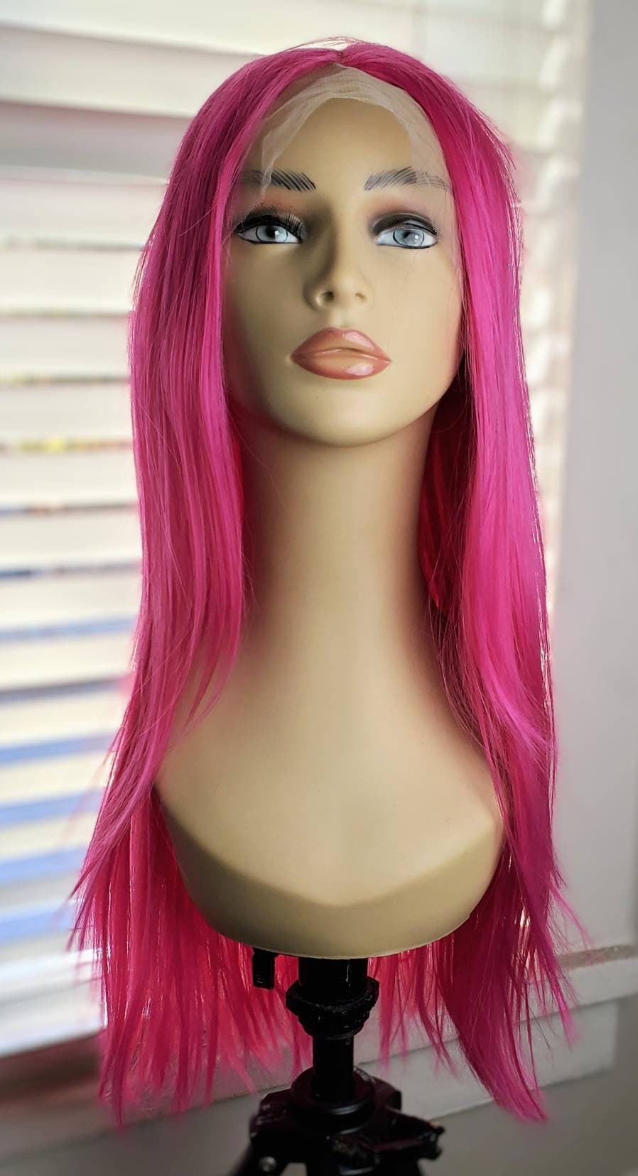 Long Hot Pink Wig, Long Hot Pink Lace Front Wig, Layers, Hot Pink Wig, Hot Pink, Center Part, Straight Pink Wig, Wigs