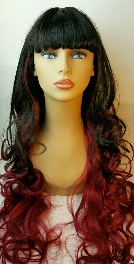 Long Wavy Two Tone Black And Red Ombre With Bangs Wig Long Etsy