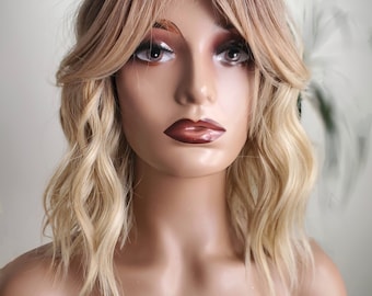 Ombre Blonde Brown Wavy Bob Wig, Color Melt, Curtain Bangs