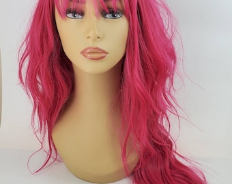 Hot Pink Wavy Wig with Bangs, Shag, Wolf Cut, 27 inch