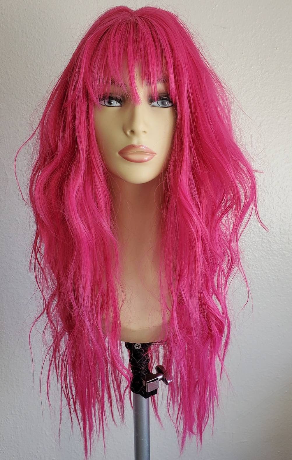 Long Hot Pink Wavy Textured Wig with Layers Hot Pink Wig with Etsy