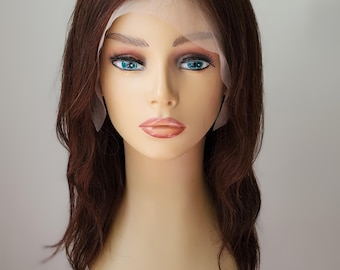 Brunette Human Hair Lace Front Wig, Shoulder Length Wavy Layers