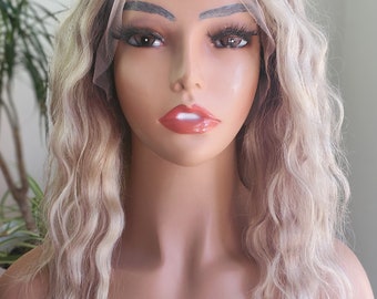 Blond Balayage-peruk med äkta hår, mellanlång vågig peruk med spets framtill