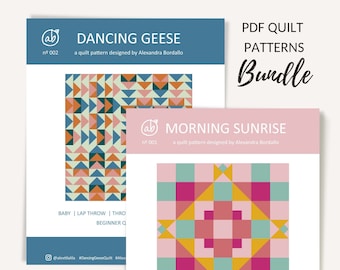 Beginnersquiltpatroon PDF-bundel | Ochtendzonsopgang en dansende ganzenquilt | PDF-quiltpatroon voor beginners | Groot blok quiltpatroon pdf