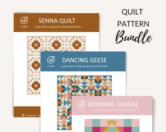 Vaardigheidsbouwer quiltpatroon PDF-bundel | Morning Sunrise Quilt, Dancing Ganzen en Senna Quilt, quiltpatronen voor beginners | naaipatroon