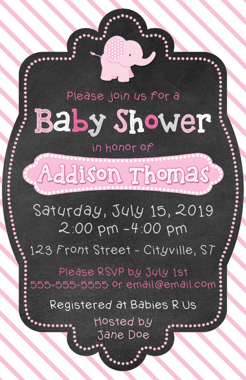 Pink And Grey Chalkboard Elephant Baby Shower Invitation Etsy