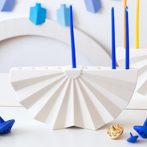 Hanukkah Menorah ,Modern geometric Judaica,White ceramic menorah, Origami Menorah image 1