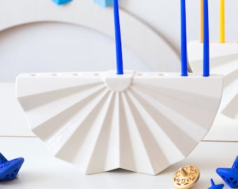 Hanukkah Menorah ,Modern geometric Judaica,White ceramic menorah, Origami Menorah