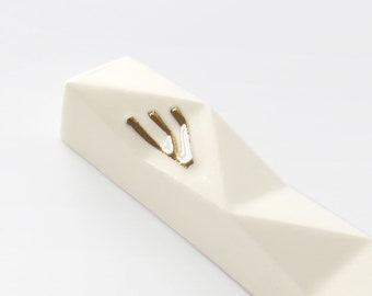 Modern Geometric Mezuzah For  2.7" (7cm) Scroll, Off White Ceramic Mezuzah Case  with Gold 'ש', Jewish door mezuzah, Handmade in Israel