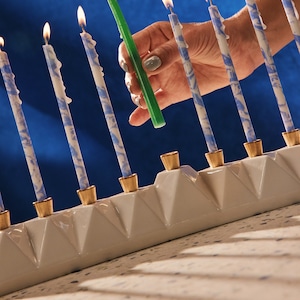 Hanukkah Menorah, Modern geometric Judaica, White Ceramic with Brass Canes Contemporary Judaica Origami Inspired. Handmade in Israel.