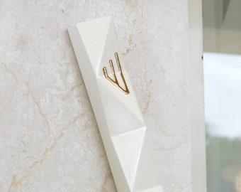 Extra Large Mezuza Fits a 6'' Scroll, Front Door Mezuzah Case, Modern Geometric, Off White Ceramic with Gold 'Shin', Jewish Wedding Gift