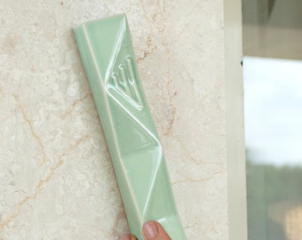 Front Door Mezuzah Case, Modern Geometric, Light Green Ceramic, Jewish Wedding Gift,  Extra Large Mezuza Fits a 6'' Scroll