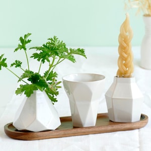 Modern Havdalah Set in Off White glaze on Beige Clay, Geometric Wine Cup, Candleholder, 'Besamim' Holder and Bamboo Plate