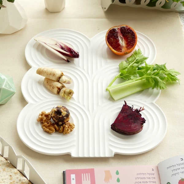 Passover Seder Plate Made of White Corian, Modern Minimalist Judaica, passover gift from Israel, Pesach, Fast Shipping