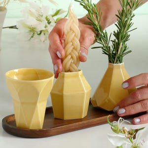 Modern Havdalah Set, Geometric Ceramic, Yellow Glaze, with Wine Cup, Candleholder, 'Besamim' Spices Holder and Bamboo Plate