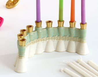 Hanukkah Menorah Modern Judaica - Early Bird Contemporary Judaica Chanukah gift -3D Printed Clay -Wavy in Off - White and Mint Glaze