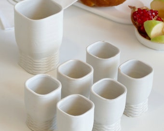 Early Bird Sale - Set of Shabbat Kiddush Cup and Six Small Goblets - 3D Printed Clay - Square Off White