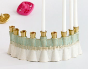 Early Bird Contemporary Judaica Chanukah gift - Hanukkah Menorah - 3D Printed Clay - Wavy in Off - White and Mint Glaze