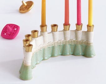 Early Bird Contemporary Judaica Chanukah gift - Hanukkah Menorah Modern Judaica - 3D Printed Clay -Wavy in White and Mint Glaze